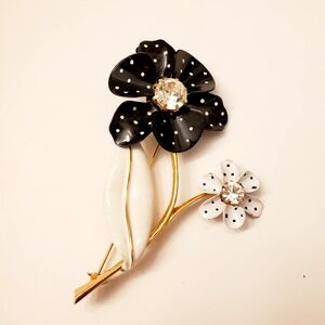 AVON Black and White Polka Dot Floral Enamel Brooch, Large 3.75 Inch